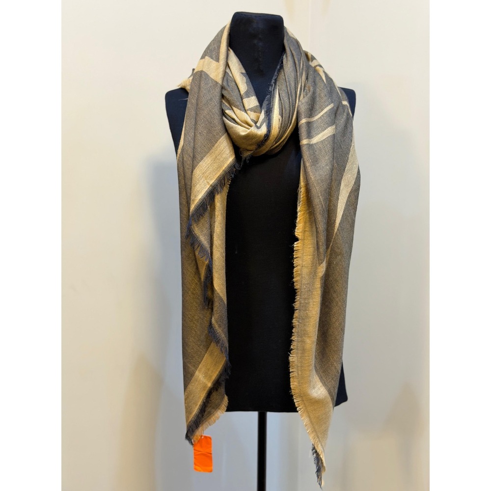Hermes Cashmere Silk Scarf Grey Gold Horse Carriage Logo Fringe Shawl NEW
